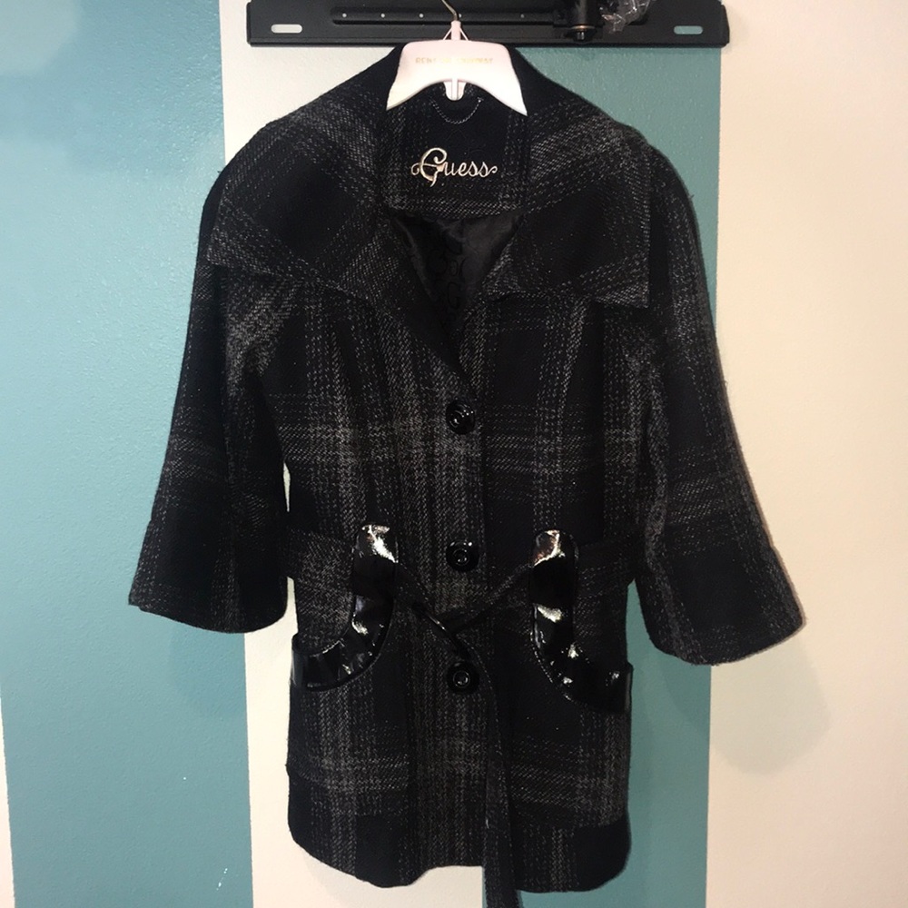 Guess Plaid Tweed 3/4 Sleeve Belted Jacket